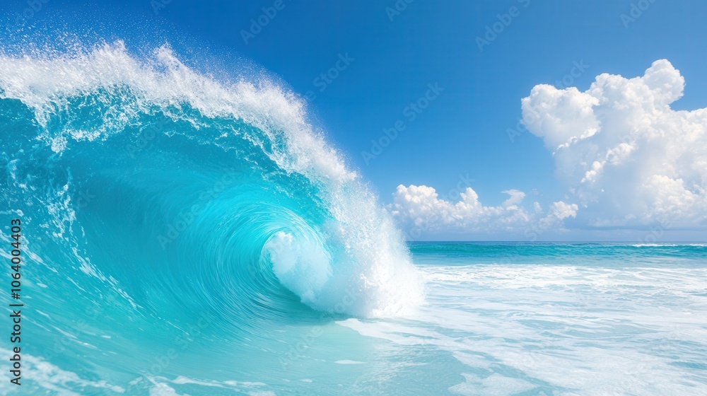 Obraz premium Majestic ocean wave crashing on a sunny day with clear blue sky