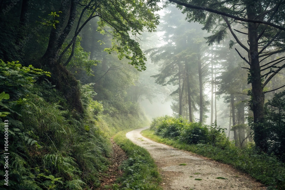 Fototapeta premium Misty forest path winding through dense foliage, mysterious forest, twisted tree branches, misty veil, gnarled roots
