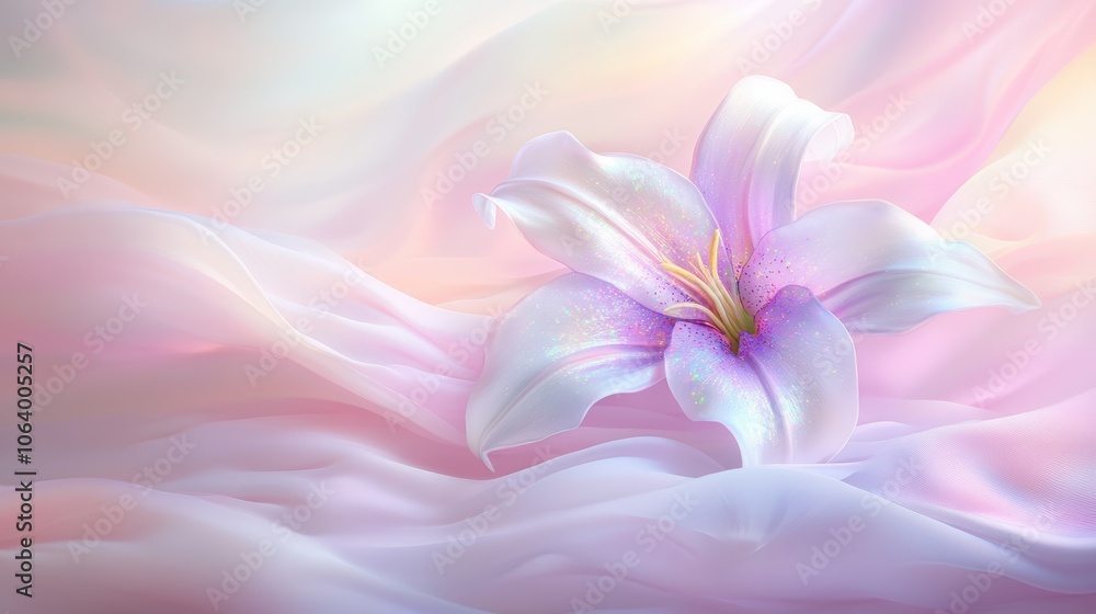 Elegant pastel fantasy: enchanting lilies on soft flowing fabric background Elegant pastel fantasy: enchanting lilies on soft flowing fabric background