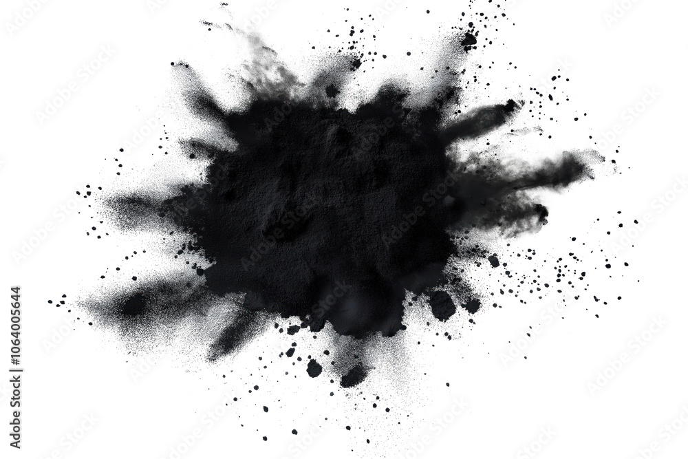 Black powder explosion in center with large cloud of powder particles. Powder particles scattered in various directions creating sense of movement, energy. Gray background provides contrast to black Black powder explosion in center with large cloud of powder particles. Powder particles scattered in various directions creating sense of movement, energy. Gray background provides contrast to black