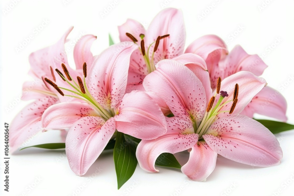 Fototapeta premium Pink lilies on a white background, highlighting their delicate petals and vibrant details