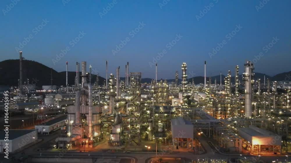 Refinery - chemical factory at night with buildings, pipelines with lighting - industrial plant Refinery - chemical factory at night with buildings, pipelines with lighting - industrial plant