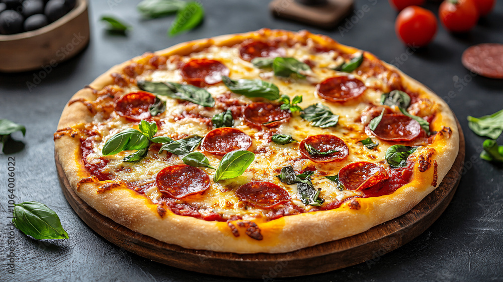 delicious pepperoni pizza with fresh basil on a wooden board delicious pepperoni pizza with fresh basil on a wooden board