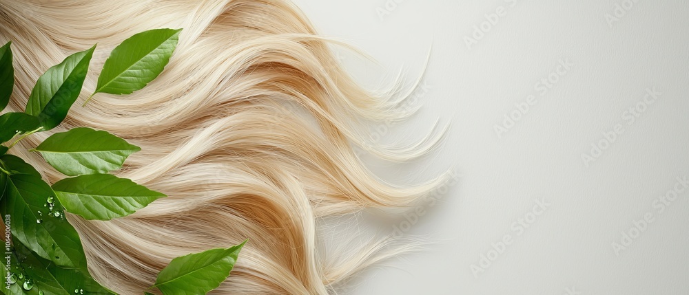 A woman's hair with green leaves on a white background A woman's hair with green leaves on a white background
