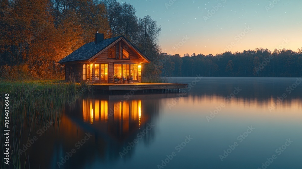 Fototapeta premium A serene lakeside cabin illuminated at dusk, reflecting on calm waters.