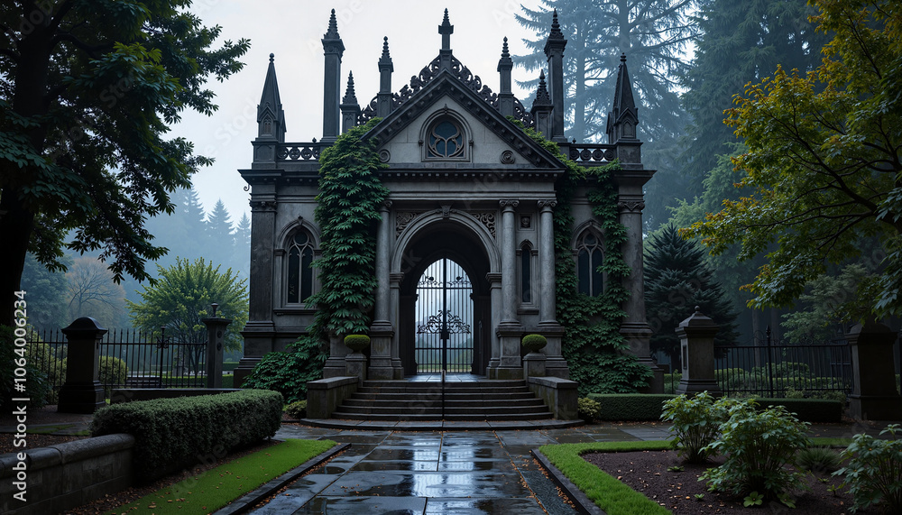A historic mausoleum surrounded by lush greenery on a misty morning in a serene cemetery A historic mausoleum surrounded by lush greenery on a misty morning in a serene cemetery