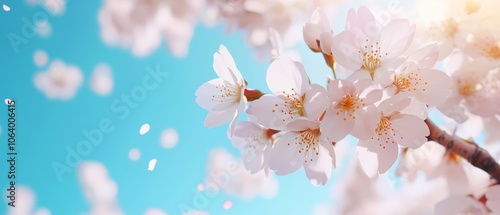 A branch of a tree with white flowers against a blue sky