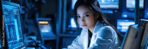 A young Asian woman in a white lab coat, sitting at a computer terminal, surrounded by futuristic equipment