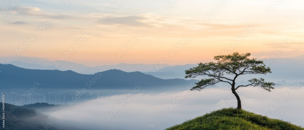 A lone tree on top of a grassy hill with a city in the background A lone tree on top of a grassy hill with a city in the background