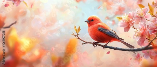 A red bird sitting on a branch of a tree with pink flowers