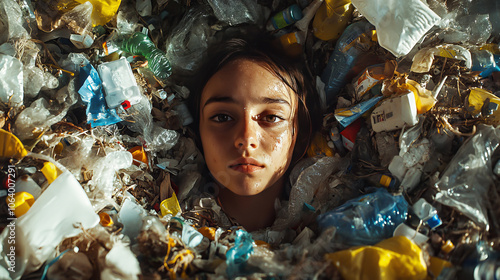 Girl Immersed in Plastic Waste: Environmental Crisis, Pollution, Sustainability, Sadness, Hope