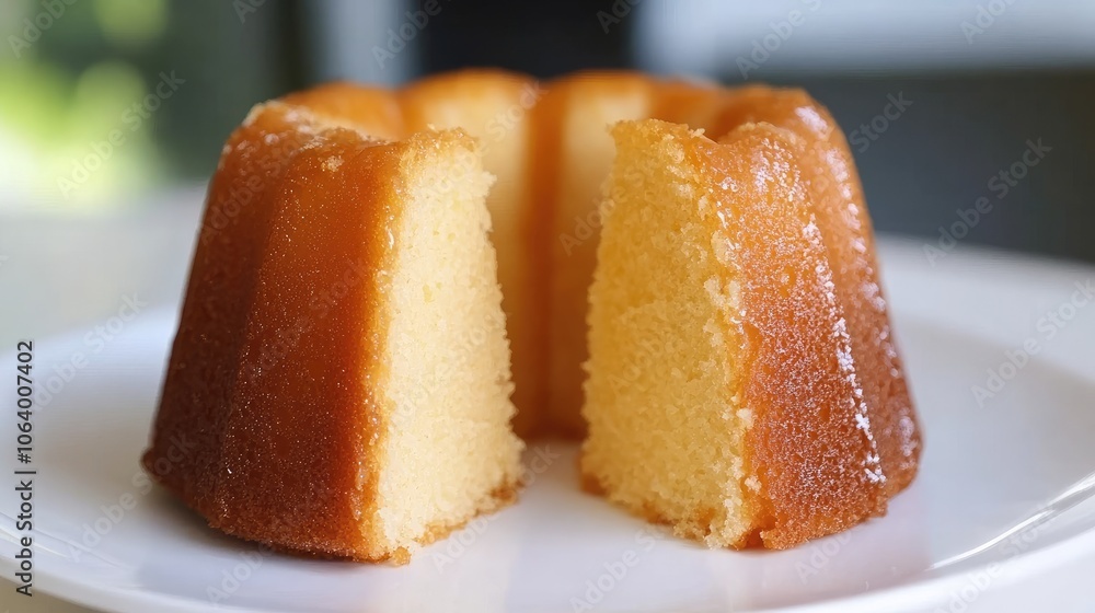 Deliciously Golden Brown Bundt Cake with Thick Slice on White Plate Deliciously Golden Brown Bundt Cake with Thick Slice on White Plate