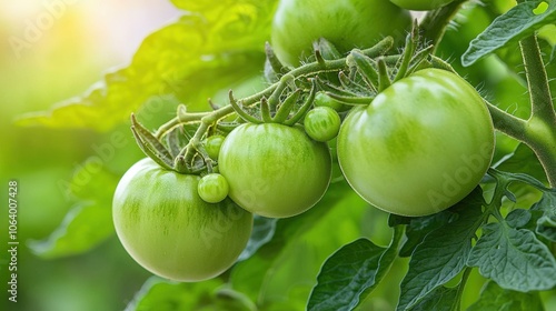 Vibrant green tomatoes growing on vine in sunlit garden photo