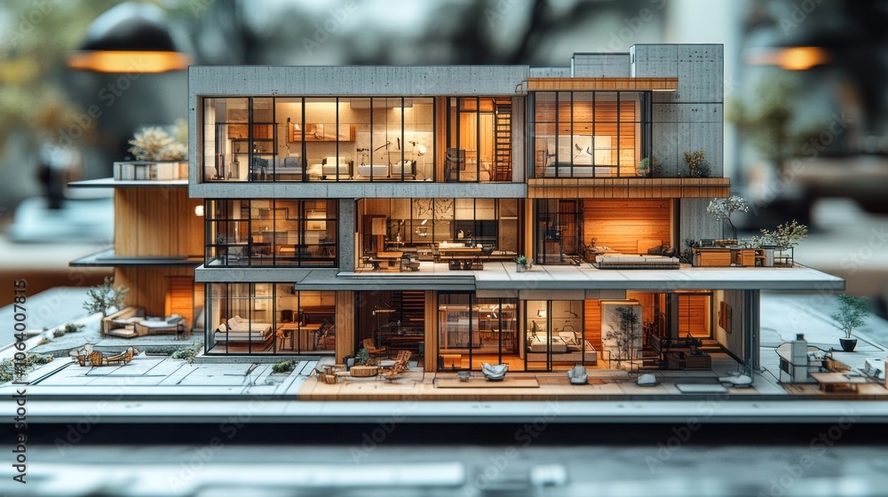 A detailed architectural model of a modern multi-level house showcasing interior design. A detailed architectural model of a modern multi-level house showcasing interior design.