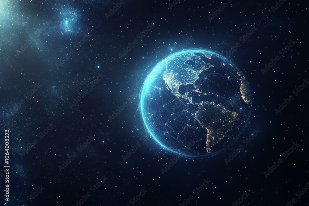 A detailed view of Earth surrounded by stars and connected with digital lines in space A detailed view of Earth surrounded by stars and connected with digital lines in space
