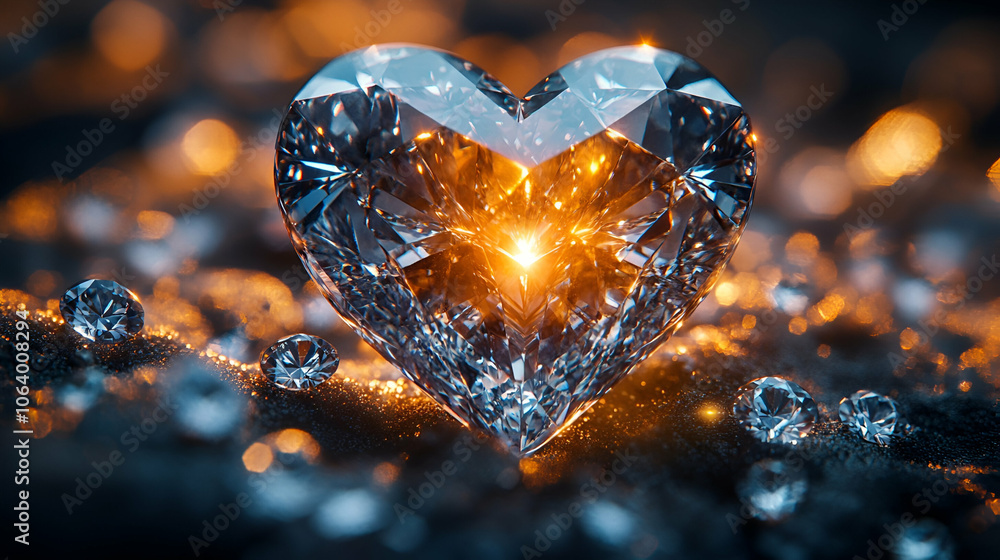 A sparkling heart-shaped diamond glimmers amidst smaller gems, showcasing intricate facets and warm light reflections, symbolizing love and luxury. A sparkling heart-shaped diamond glimmers amidst smaller gems, showcasing intricate facets and warm light reflections, symbolizing love and luxury.