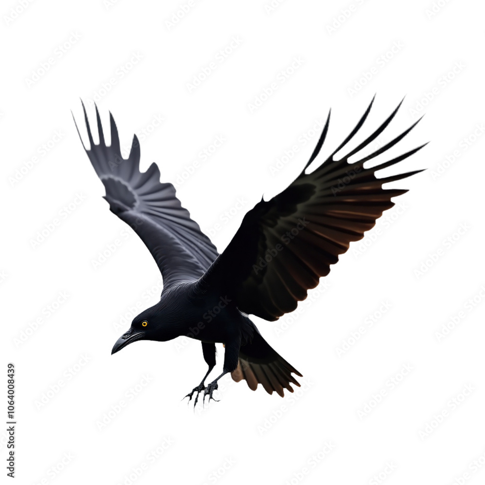 Fototapeta premium Black bird with spread wings in flight on isolated transparent background. Bird body stark contrast to light gray blurred background. Wings fully extended, dynamic, energetic. Alpha mask cut out png.
