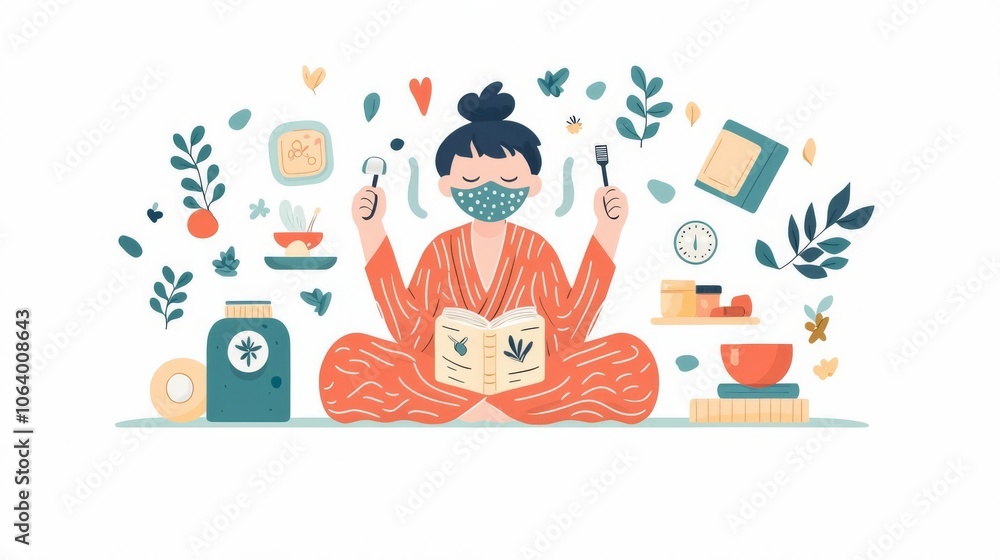 A serene illustration of a person meditating, surrounded by nature-inspired elements, promoting relaxation and mindfulness. A serene illustration of a person meditating, surrounded by nature-inspired elements, promoting relaxation and mindfulness.
