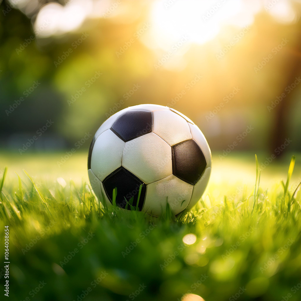 Fototapeta premium soccer ball on grass with blur green bokeh background