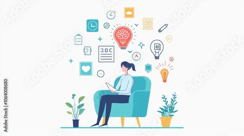 A thoughtful woman sits in a cozy chair, exploring creative ideas with symbols representing innovation and knowledge around her.