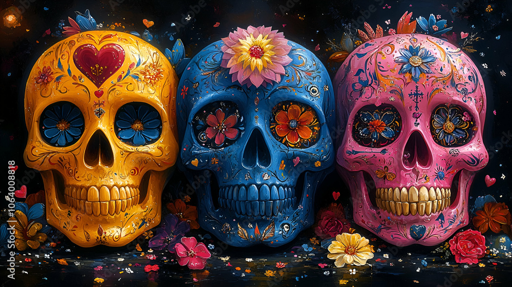 Three intricately decorated skulls are displayed against a dark background, adorned with vibrant flowers and colorful patterns, embodying festive themes. Three intricately decorated skulls are displayed against a dark background, adorned with vibrant flowers and colorful patterns, embodying festive themes.