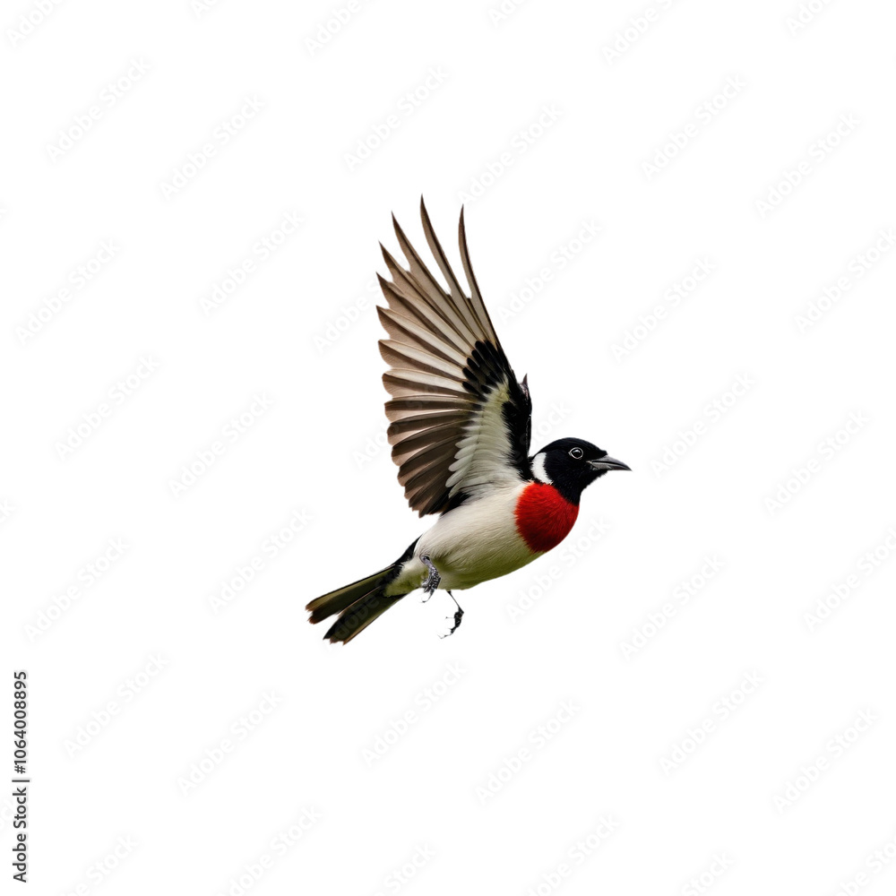 Fototapeta premium Rose-breasted Grosbeak bird in mid-flight, black head, red and black tail feathers, isolated transparent background. Bird faces right, wings spread wide, flying in open space. Alpha mask cut out png.