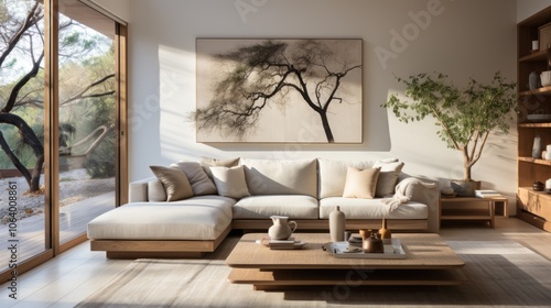 A serene living room with minimalist decor and natural light.