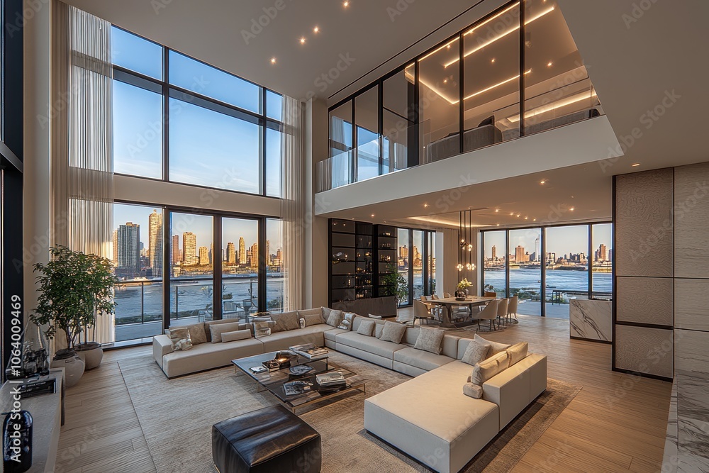 Modern luxury living room with large windows showcasing a city skyline and river view. Modern luxury living room with large windows showcasing a city skyline and river view.