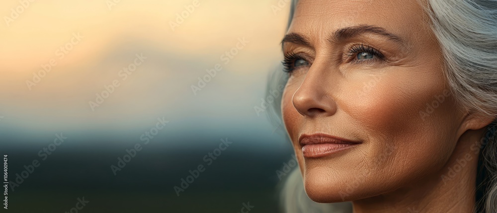 A close up of a woman's face with a sunset in the background A close up of a woman's face with a sunset in the background