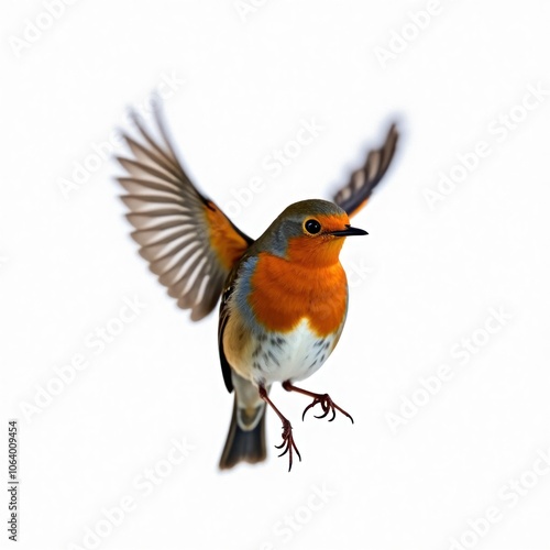 Bird in mid-air with vibrant orange, white plumage. Wings spread wide revealing body from below. Central positioning emphasizes flight motion, freedom. White background provides stark contrast to photo