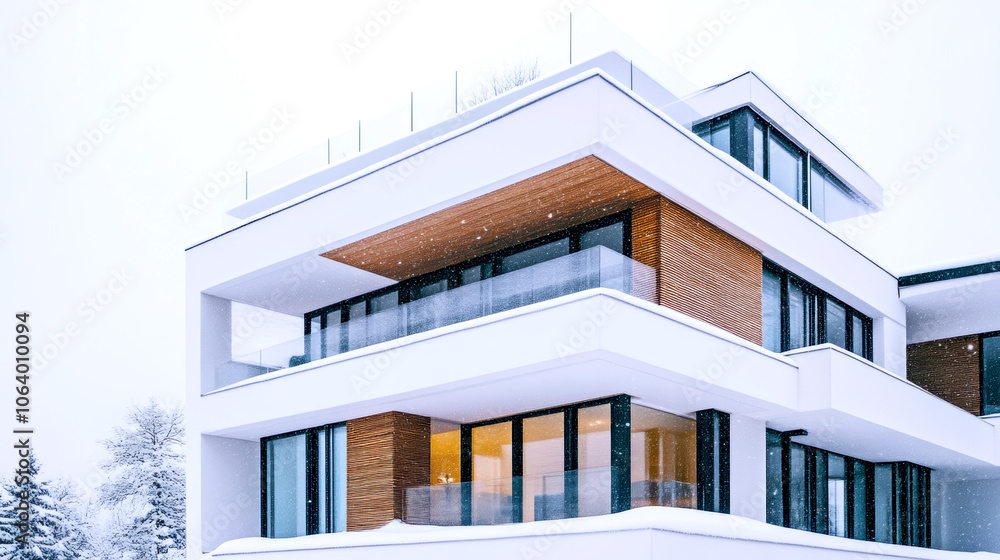 A sleek minimalist home surrounded by a blanket of snow, showcasing contemporary architecture and clean lines