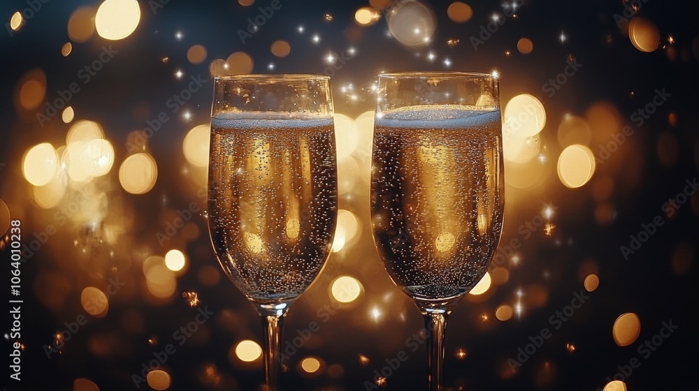 Two glasses filled with sparkling wine stand together, reflecting warm golden lights around them Two glasses filled with sparkling wine stand together, reflecting warm golden lights around them