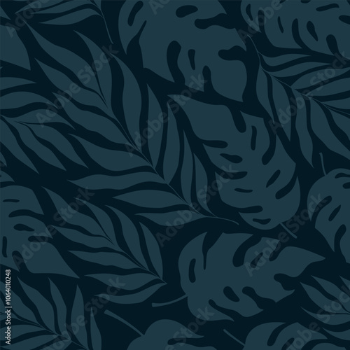 Palm and monstera leaves seamless pattern. Graphic modern vector illustration. For fabric, wrapping paper, and wallpaper.