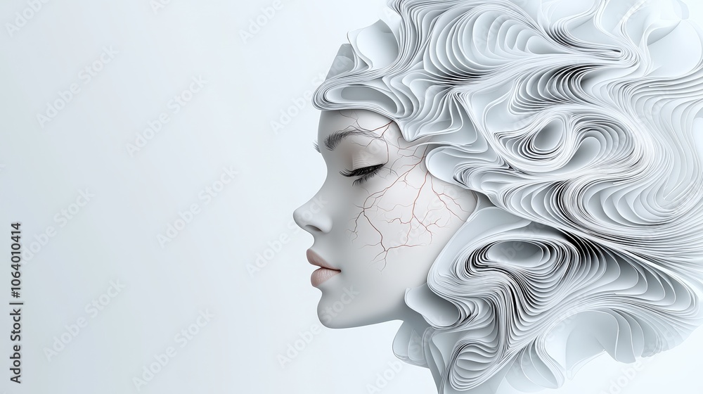 Futuristic woman with intricate paper hair design and cracked skin effect