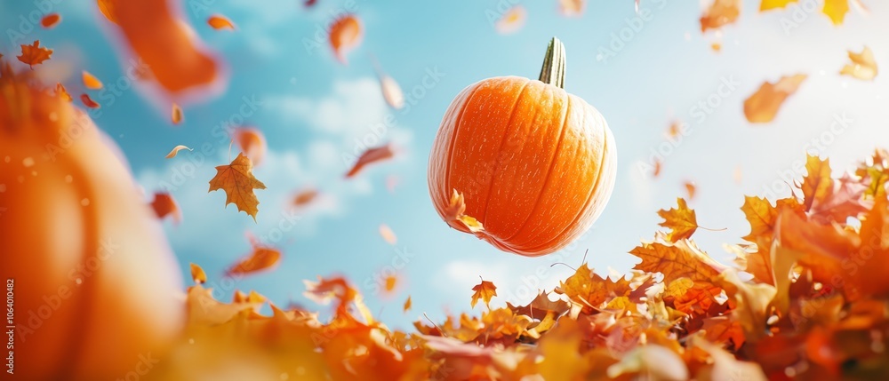 A pumpkin flying through the air surrounded by autumn leaves A pumpkin flying through the air surrounded by autumn leaves