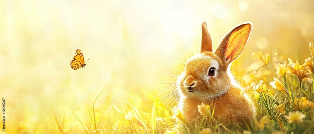 Fototapeta premium A rabbit sitting in a field of yellow flowers with a butterfly