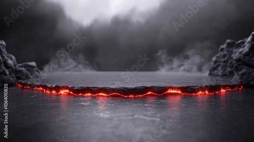 Dramatic molten lava flow amidst volcanic landscape with smoke and rocks photo