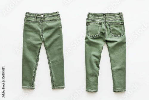 Green classic jeans front and back view on white background photo