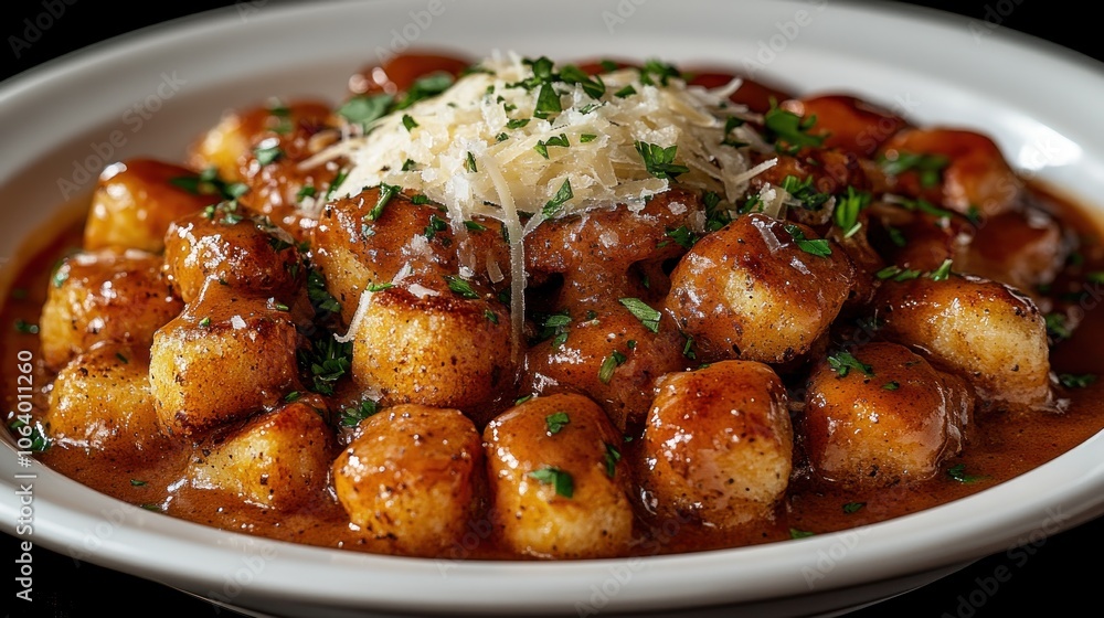 A plate of gnocchi with a brown sauce and topped with grated cheese and parsley. A plate of gnocchi with a brown sauce and topped with grated cheese and parsley.