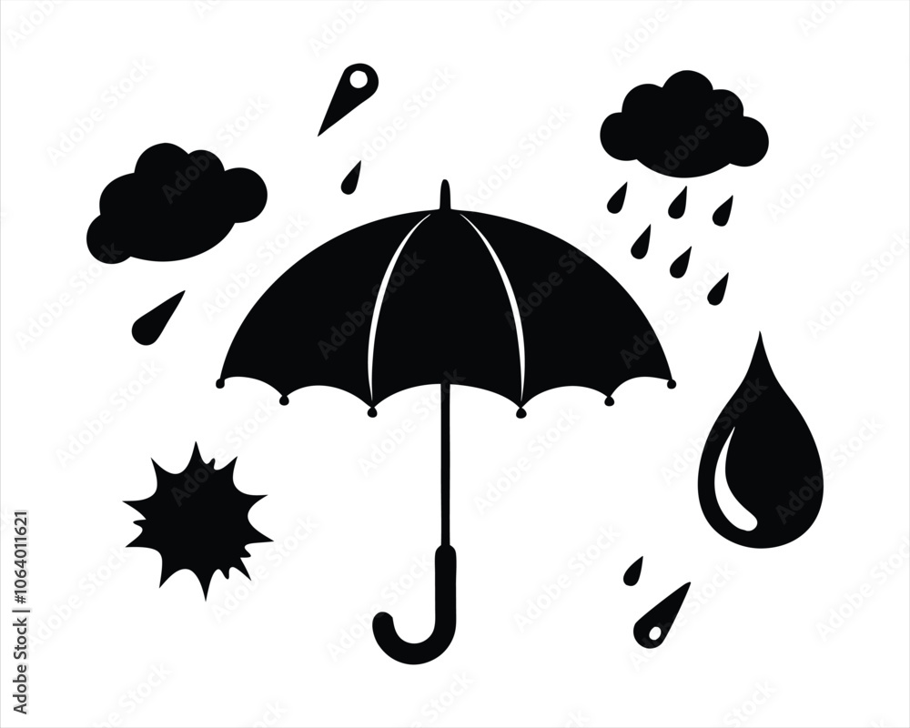 Black Silhouette of an Umbrella under Heavy Rain Splash Icon, Perfect for Weather, Rainy Day Designs, Protection, and Seasonal Illustrations. Vector Illustration. Black Silhouette of an Umbrella under Heavy Rain Splash Icon, Perfect for Weather, Rainy Day Designs, Protection, and Seasonal Illustrations. Vector Illustration.