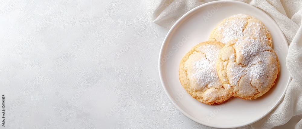 A white plate topped with three cookies covered in powdered sugar A white plate topped with three cookies covered in powdered sugar