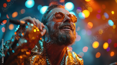 Golden Crooner: Bearded Man Performing at Retro Pop Music Concert or Karaoke Party in Shiny Jacket and Gold Chain photo