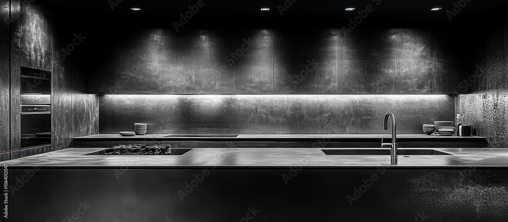 A modern kitchen with sleek surfaces and ambient lighting, designed for cooking and entertaining. A modern kitchen with sleek surfaces and ambient lighting, designed for cooking and entertaining.