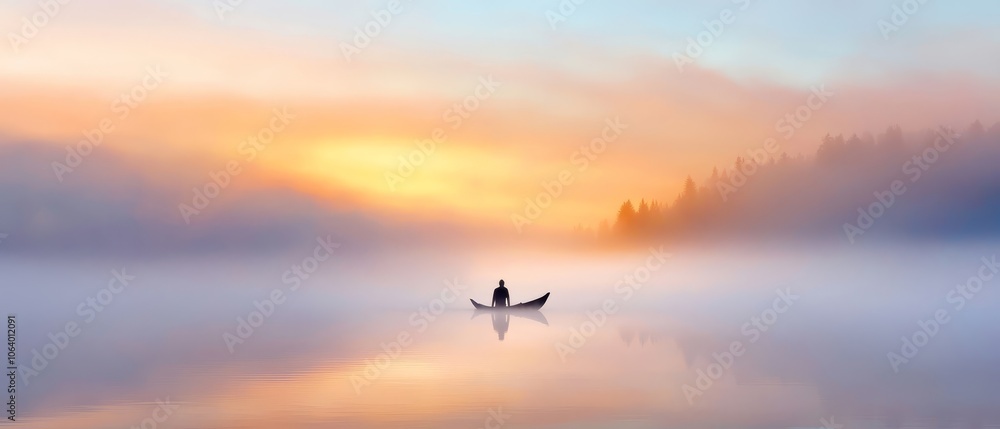 A person in a boat on a misty lake at sunset A person in a boat on a misty lake at sunset