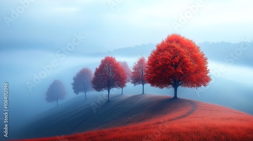 The image depicts a serene landscape dominated by rolling hills covered in vibrant red foliage, likely signifying autumn. In the foreground, five distinct trees with fiery red leaves stand tall, their