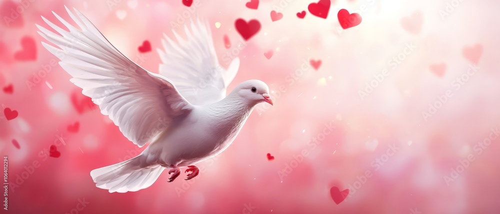 A white dove flying through the air with hearts flying around it A white dove flying through the air with hearts flying around it