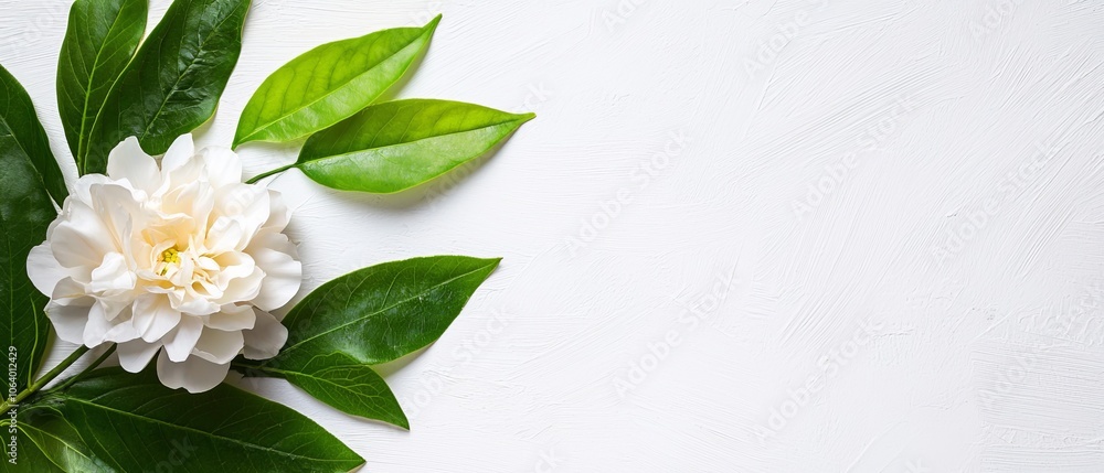 A white flower with green leaves on a white background A white flower with green leaves on a white background