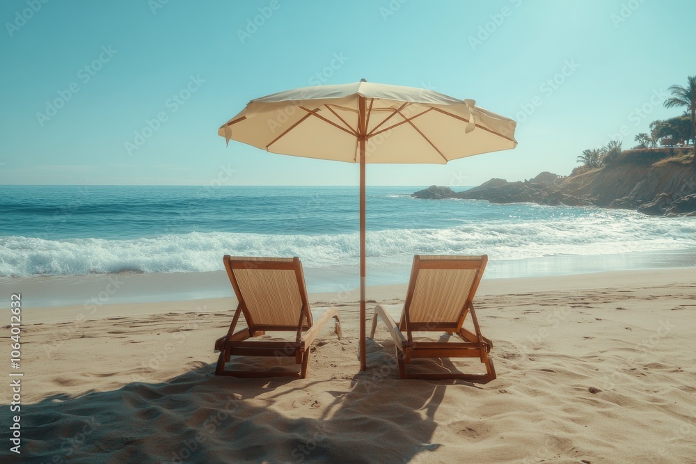 Relaxing beach chairs under an umbrella near calm ocean waves on a sunny day Relaxing beach chairs under an umbrella near calm ocean waves on a sunny day