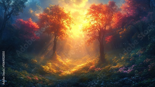 A serene forest scene illuminated by a brilliant golden light streaming through the trees. The foreground features lush, colorful flowers and a gently rolling landscape, while vibrant autumn foliage a