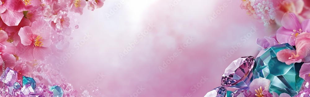 Pink floral and crystal gem background with soft light and sparkling details Pink floral and crystal gem background with soft light and sparkling details